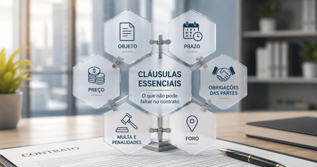 Painéis de vidro em colmeia destacando objeto, prazo, preço, obrigações, multa e foro sobre um contrato impresso com caneta