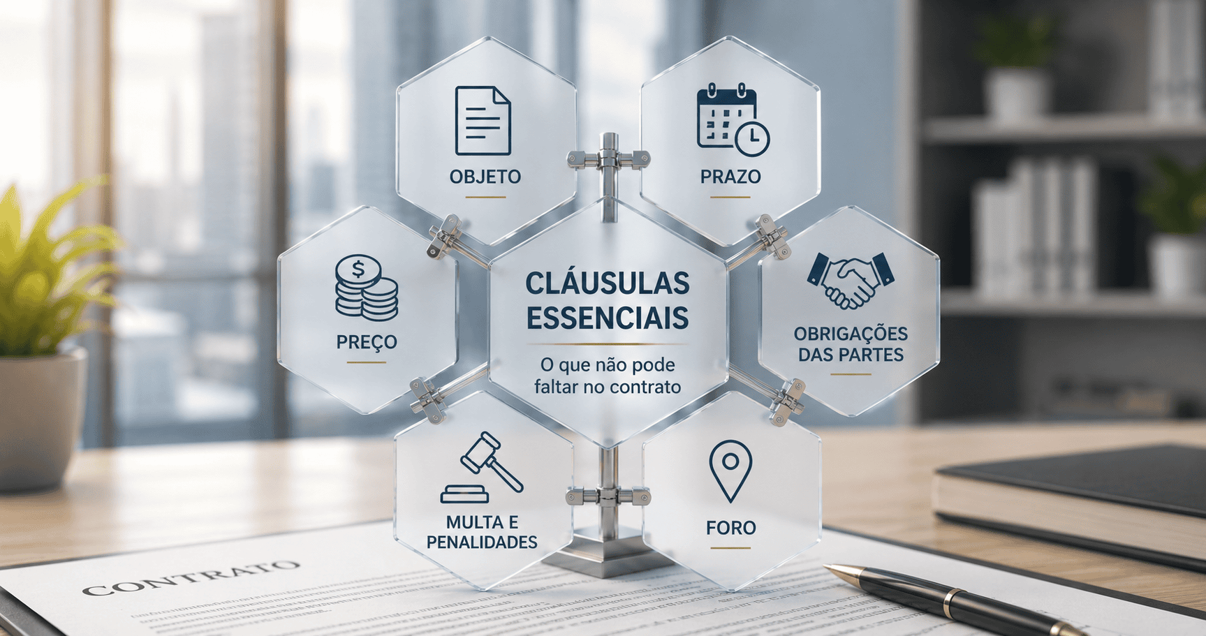 Painéis de vidro em colmeia destacando objeto, prazo, preço, obrigações, multa e foro sobre um contrato impresso com caneta