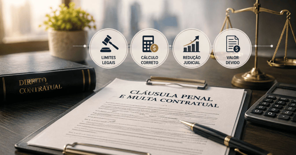 Contrato sobre cláusula penal ao lado de calculadora e balança dourada, com ícones de limites legais, cálculo e redução judicial