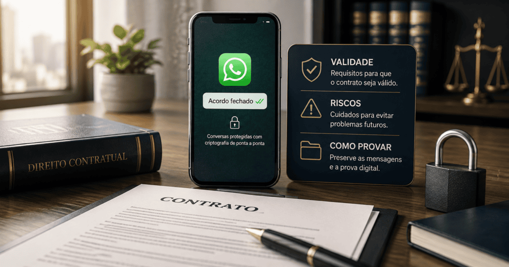Celular exibindo conversa de WhatsApp com acordo fechado, ao lado de cadeado, contrato impresso e um painel sobre validade e prova
