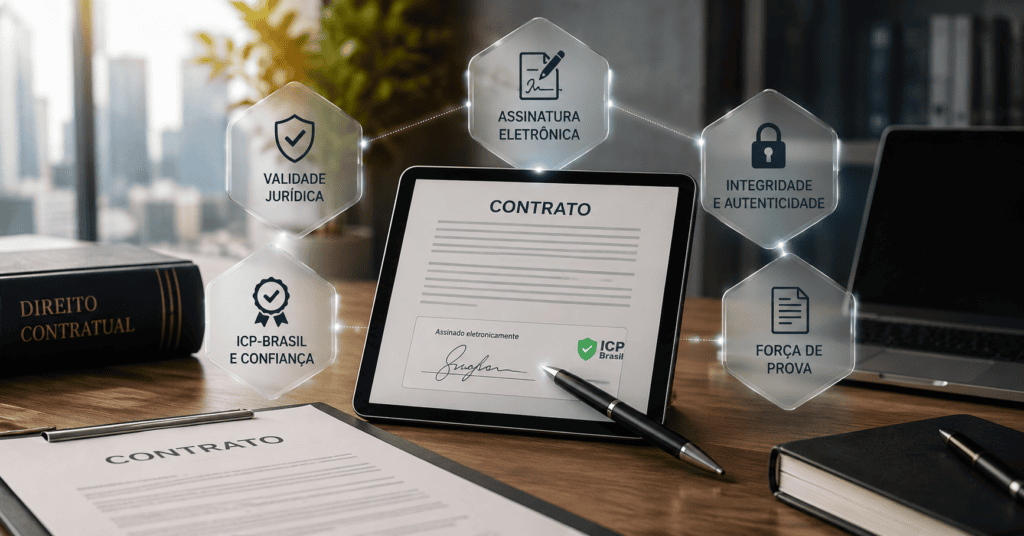 Tablet com contrato assinado eletronicamente e selo ICP-Brasil, caneta ao lado e destaques de validade jurídica e força de prova