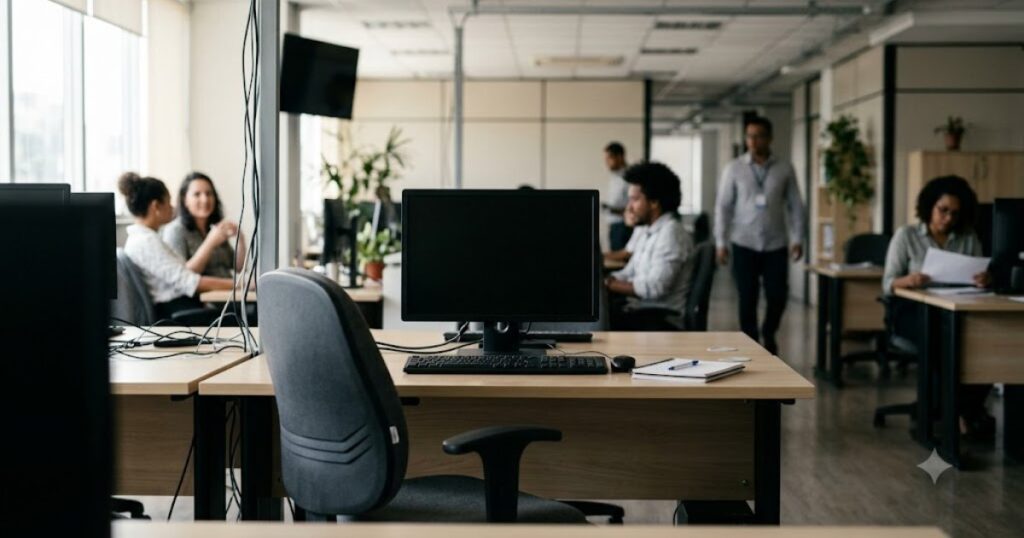 Estacao de trabalho vazia em escritorio brasileiro com colegas ao fundo