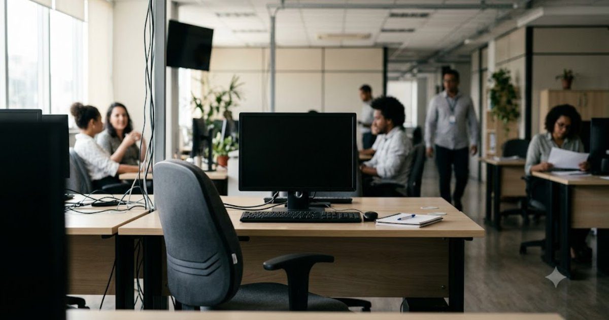 Estacao de trabalho vazia em escritorio brasileiro com colegas ao fundo