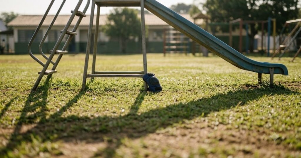 escorregador de playground escolar vazio com joelheira infantil na grama