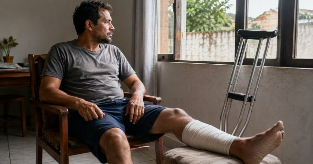 Trabalhador com perna imobilizada e muletas observando pela janela, cena editorial sobre acidente de trabalho