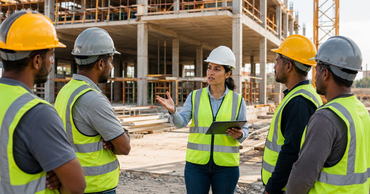 Tecnico de seguranca orientando trabalhadores em canteiro de obras