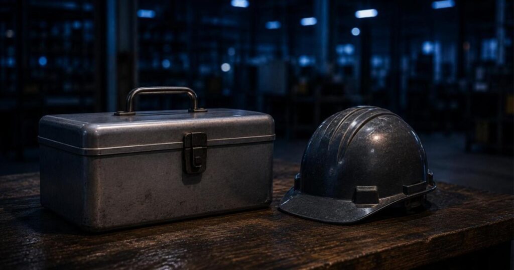 Caixa de primeiros socorros metalica e capacete de seguranca sobre bancada de madeira escura em galpao industrial noturno, ilustrando acidente de trabalho