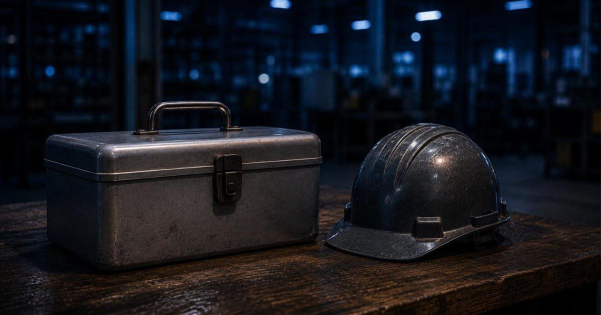 Caixa de primeiros socorros metalica e capacete de seguranca sobre bancada de madeira escura em galpao industrial noturno, ilustrando acidente de trabalho