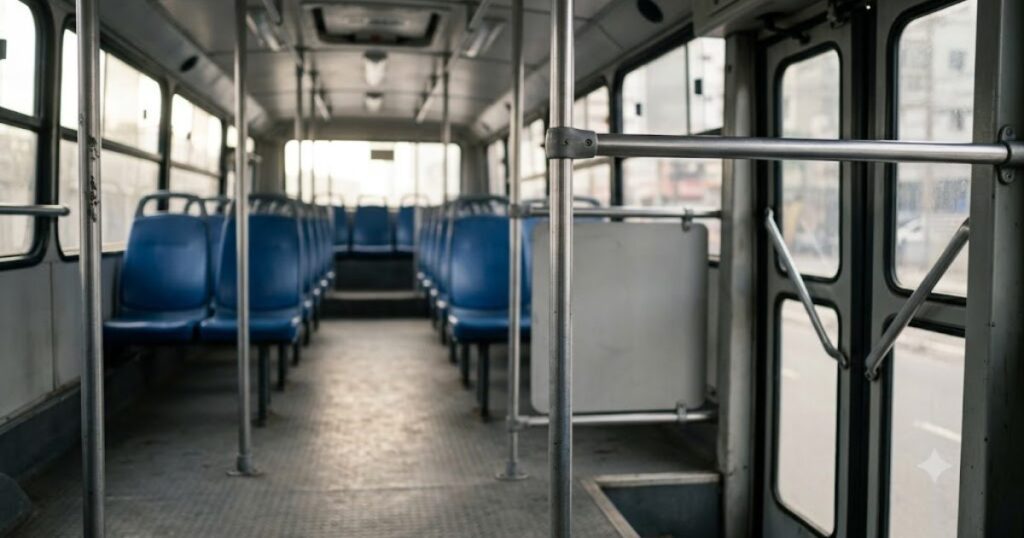 interior de onibus urbano vazio com corrimao metalico