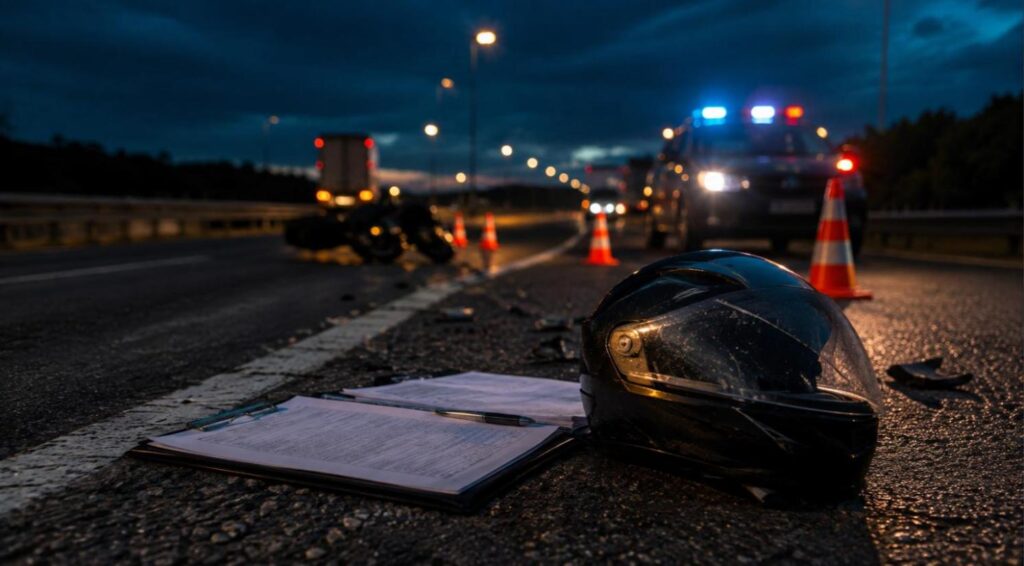 Capacete e documentos no acostamento de rodovia à noite após acidente de trânsito grave, com viatura e cones ao fundo