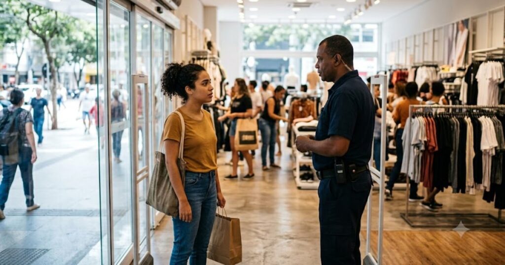 Segurança de loja conversando com cliente próximo à saída, cena editorial de varejo