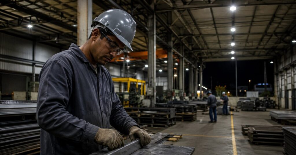 Trabalhador em turno da madrugada em galpao industrial iluminado