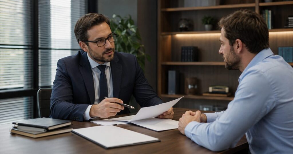 Empreendedor conversando com um advogado que orienta sobre documentos em uma reunião de consultoria