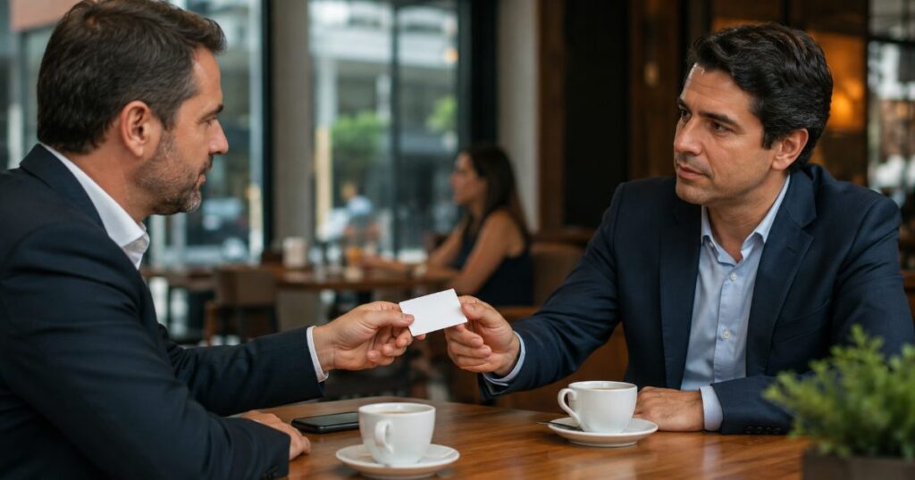 Dois executivos conversando de forma discreta em um café, um deles entregando um cartão ao outro