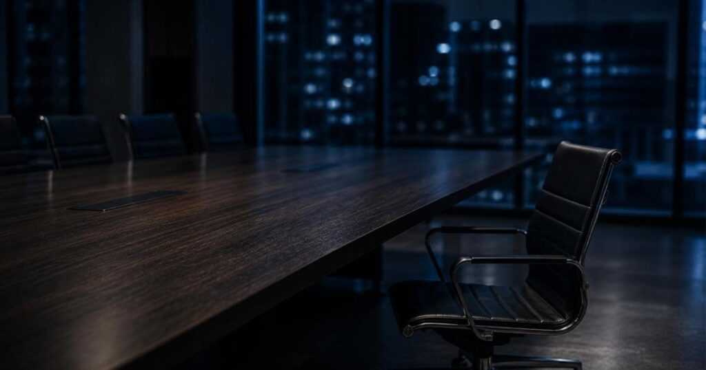 Sala de reuniao vazia com mesa longa de madeira escura e uma unica cadeira afastada, janela noturna ao fundo, ilustrando isolamento no ambiente de trabalho
