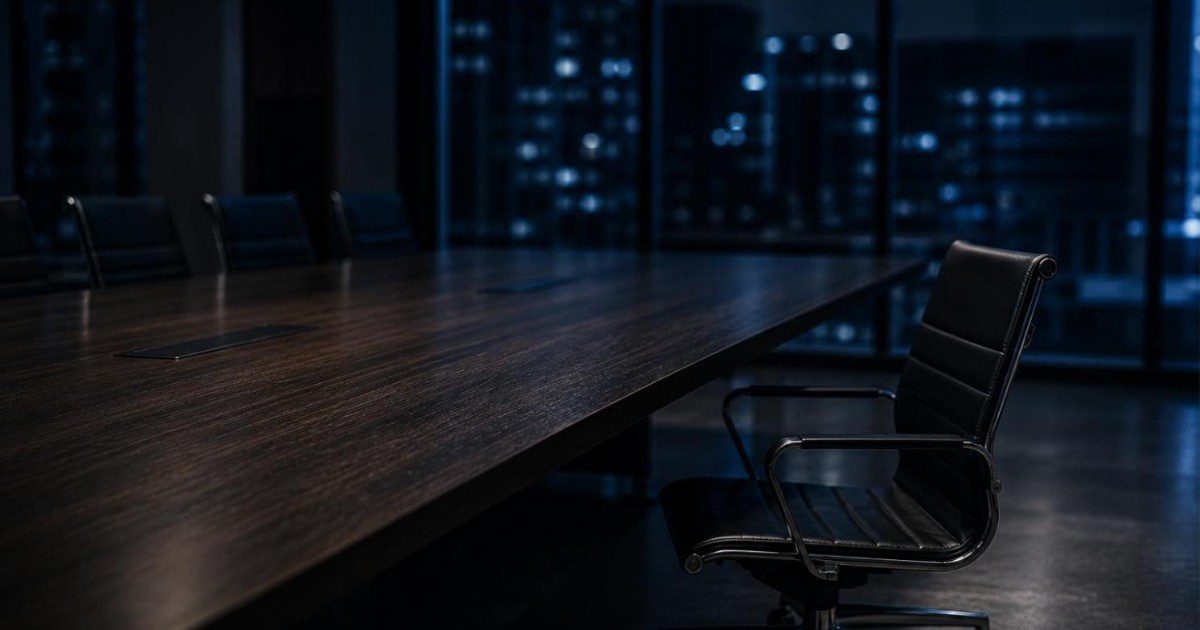 Sala de reuniao vazia com mesa longa de madeira escura e uma unica cadeira afastada, janela noturna ao fundo, ilustrando isolamento no ambiente de trabalho
