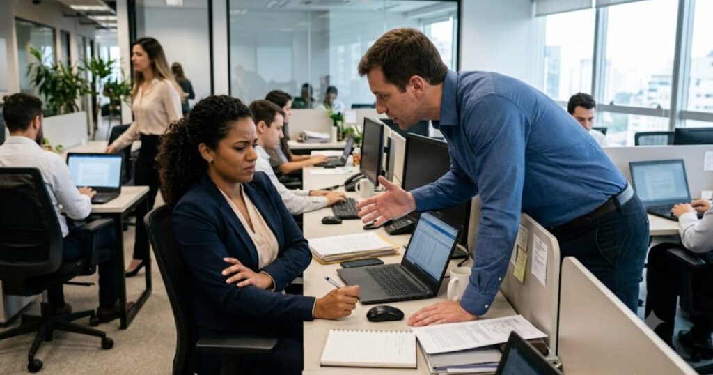 Mulher desconfortável em ambiente de escritório com colega se aproximando demais, cena editorial sobre assédio no trabalho