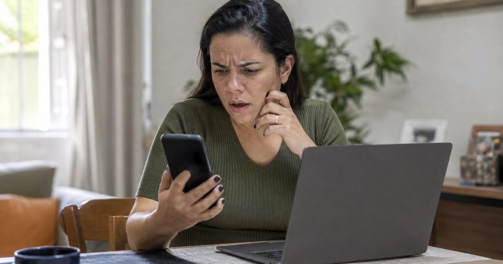 Pessoa em casa indignada ao ver cobrança inesperada no celular, cena editorial