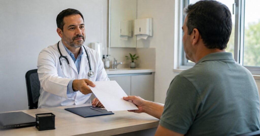 Medico entregando documento a paciente em consultorio