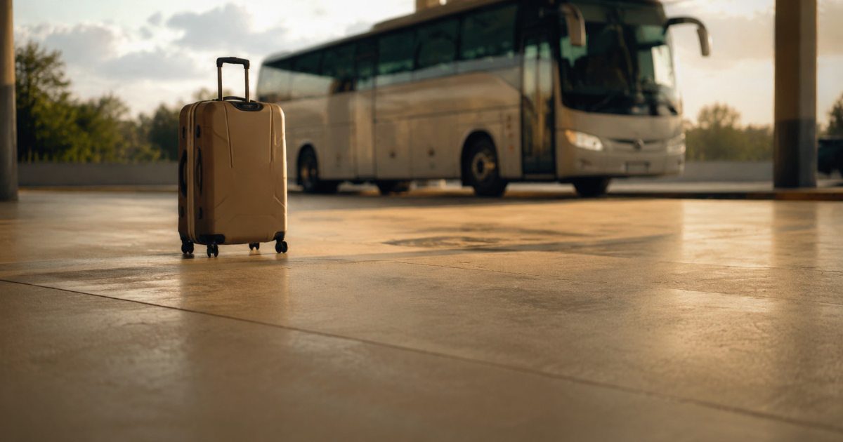 mala de viagem sozinha em plataforma de rodoviaria ao entardecer