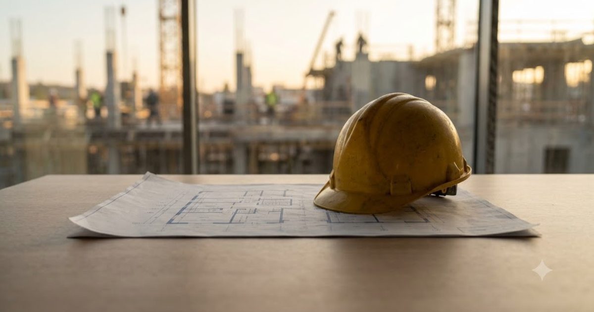 capacete de obra sobre planta baixa com canteiro ao fundo