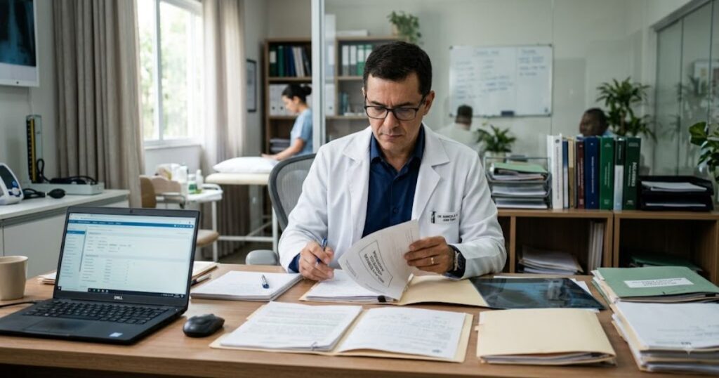 Medico auditor de jaleco analisando pastas e exames medicos sobre a mesa de um consultorio