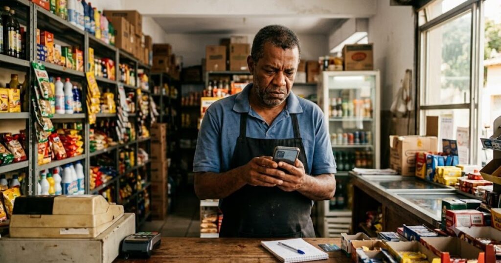 Comerciante olhando celular com expressão frustrada dentro de sua loja, cena editorial