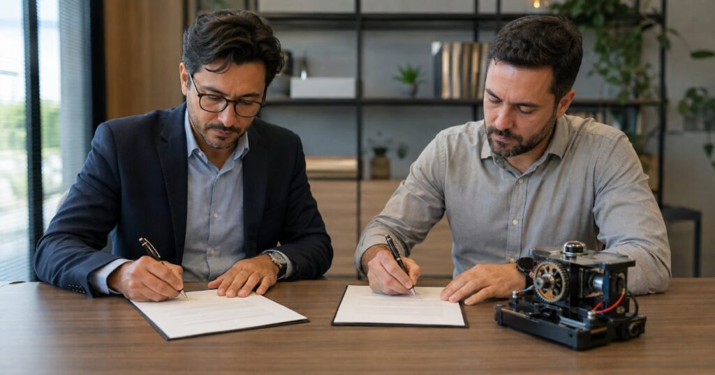 Profissional revisando contrato empresarial e organizando pagamentos financeiros no escritório
