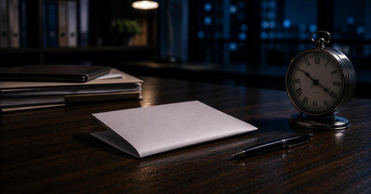 Carta impressa dobrada sobre mesa de madeira escura, ao lado de relógio de mesa antigo e caneta, em escritório noturno