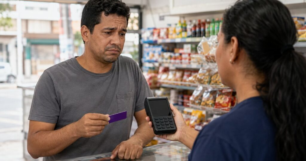 Cliente com cartão recusado em loja pequena, cena editorial sobre bloqueio de conta bancária
