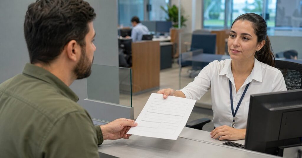 Cliente entregando formulário de encerramento de conta no balcão do banco, cena editorial