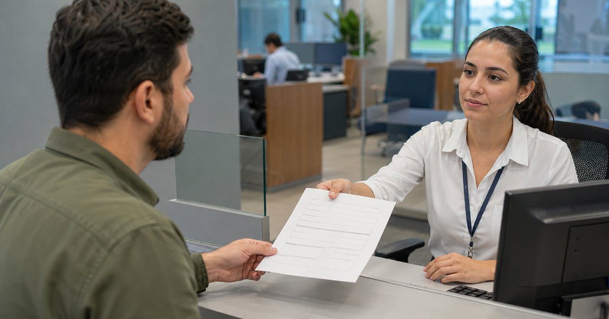 Cliente entregando formulário de encerramento de conta no balcão do banco, cena editorial