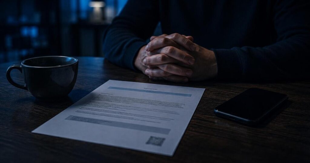 Carta impressa de resposta de banco sobre a mesa e mãos entrelaçadas, após negativa de reembolso de fraude
