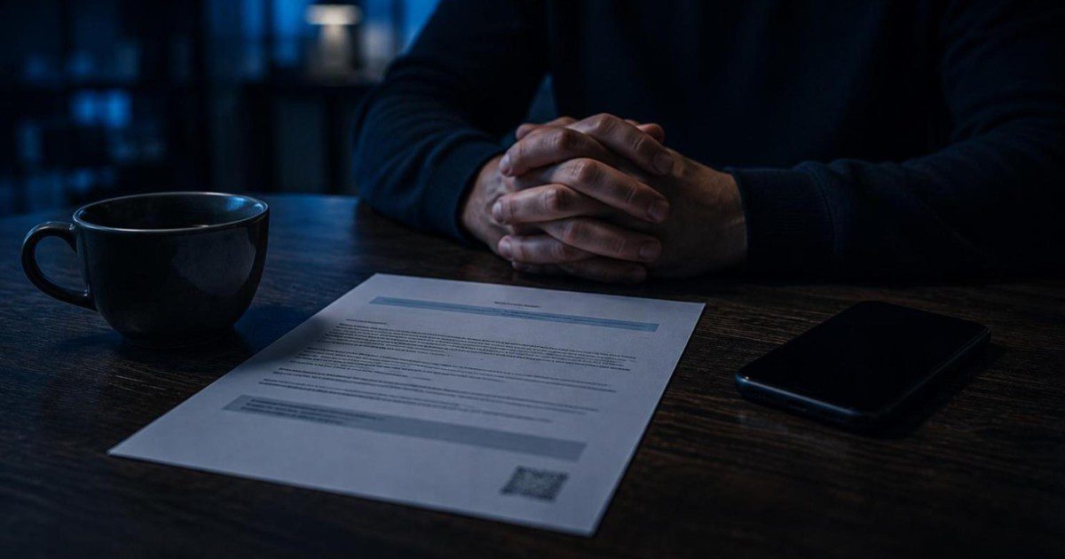 Carta impressa de resposta de banco sobre a mesa e mãos entrelaçadas, após negativa de reembolso de fraude