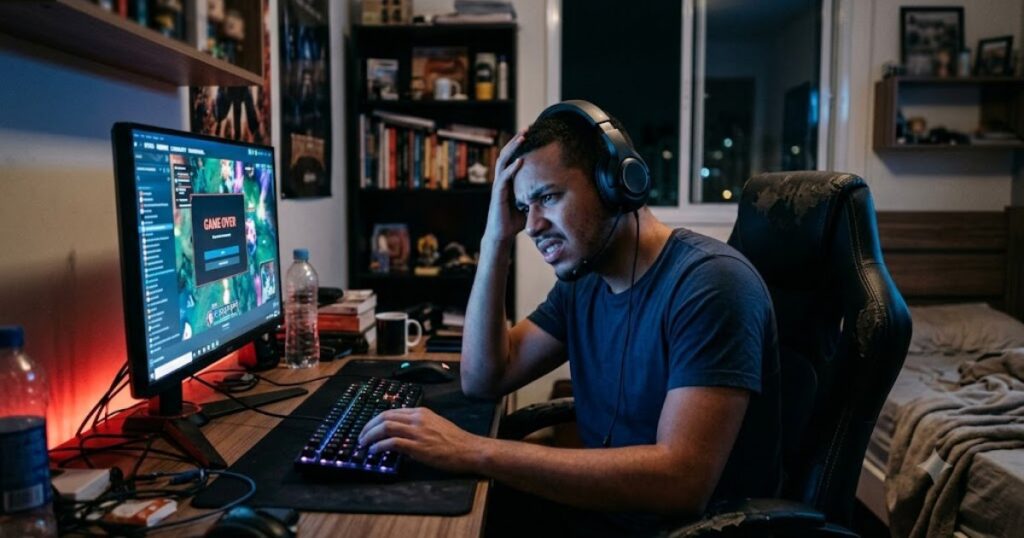 Jovem frustrado jogando em ambiente doméstico, cena editorial sobre banimento de conta