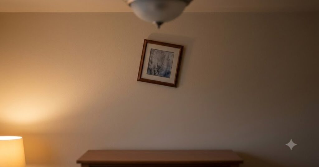 quadro na parede de apartamento com luz de abajur a noite