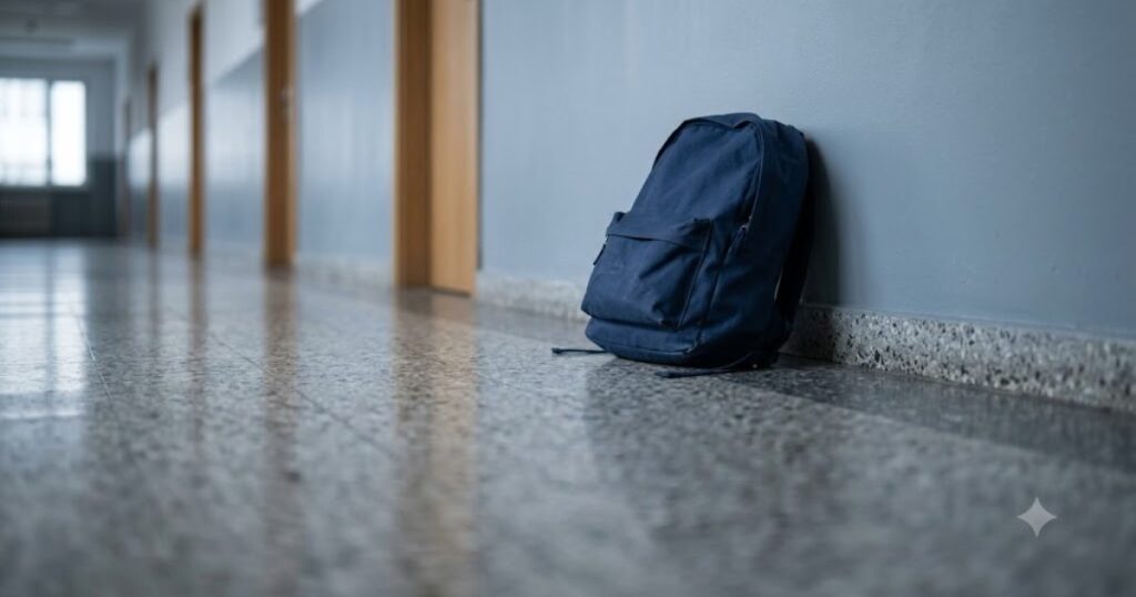 Mochila escolar solitaria encostada em parede de corredor vazio, luz fria de manha