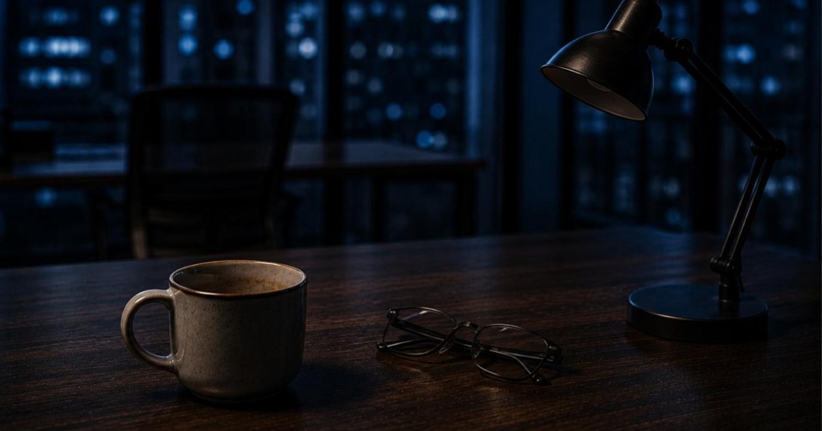 Caneca de cafe pela metade, oculos dobrados e luminaria apagada sobre mesa escura em escritorio vazio a noite, ilustrando esgotamento profissional