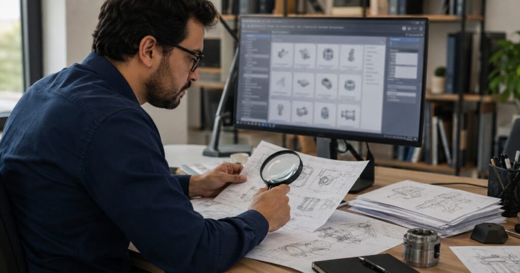 Pesquisador consultando bases de dados técnicas no computador com lupa e documentos de patentes anteriores