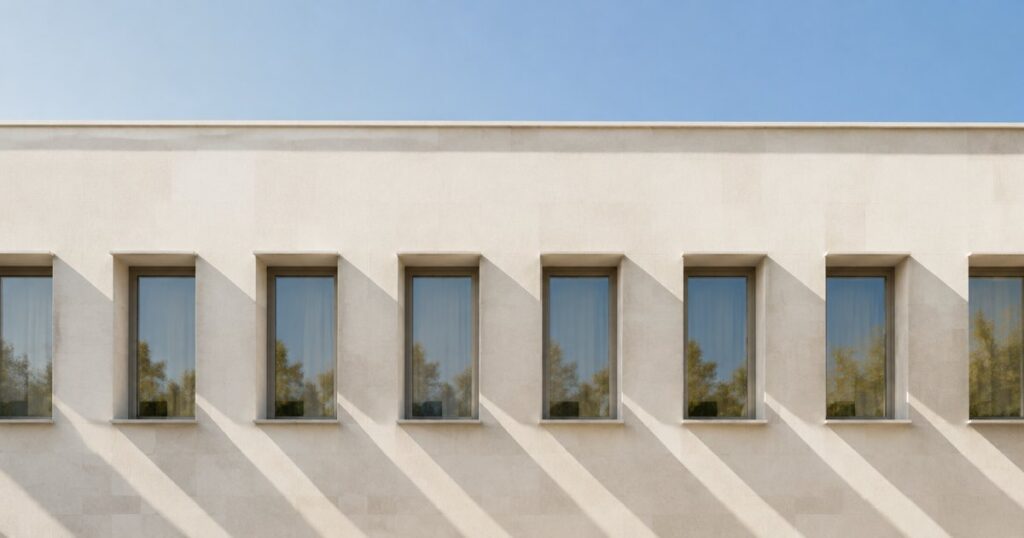 Fachada clara de edificio moderno com fileira de janelas e sombras diagonais ao sol