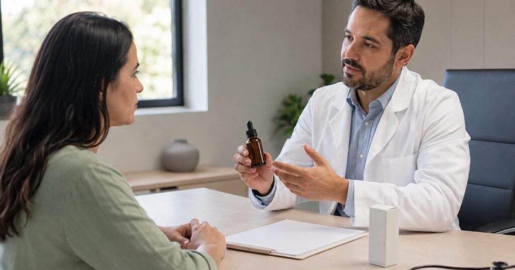 Frasco de oleo de canabidiol e receita medica sobre mesa de consultorio, ilustrando artigo sobre cobertura pelo plano de saude