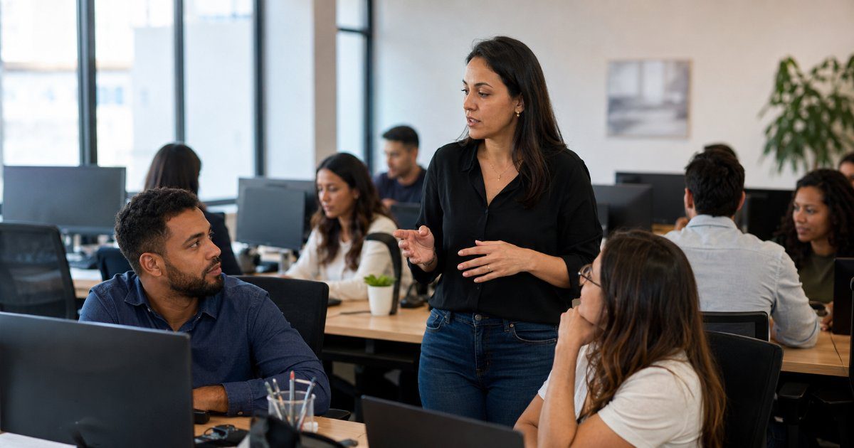 Gerente coordenando equipe em escritorio aberto