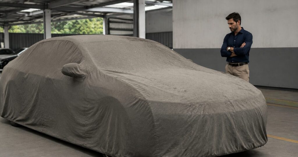 Carro coberto por uma capa de tecido estacionado há muito tempo no pátio de uma concessionária sugerindo longa espera por peças