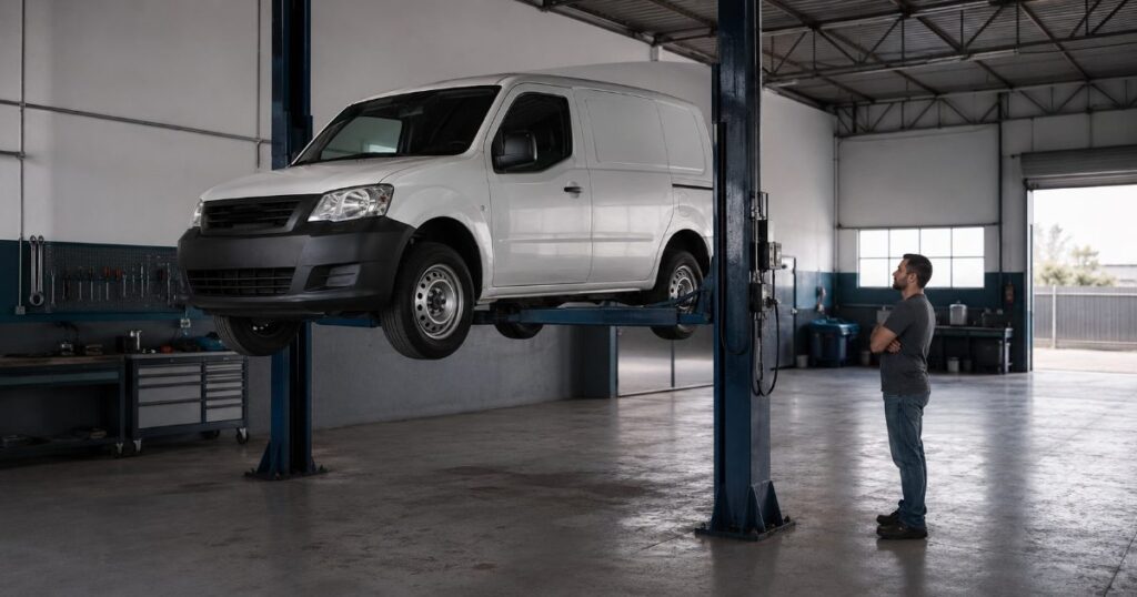 Carro utilitário de trabalho parado sobre o elevador de uma oficina vazia com motorista autônomo preocupado observando de longe