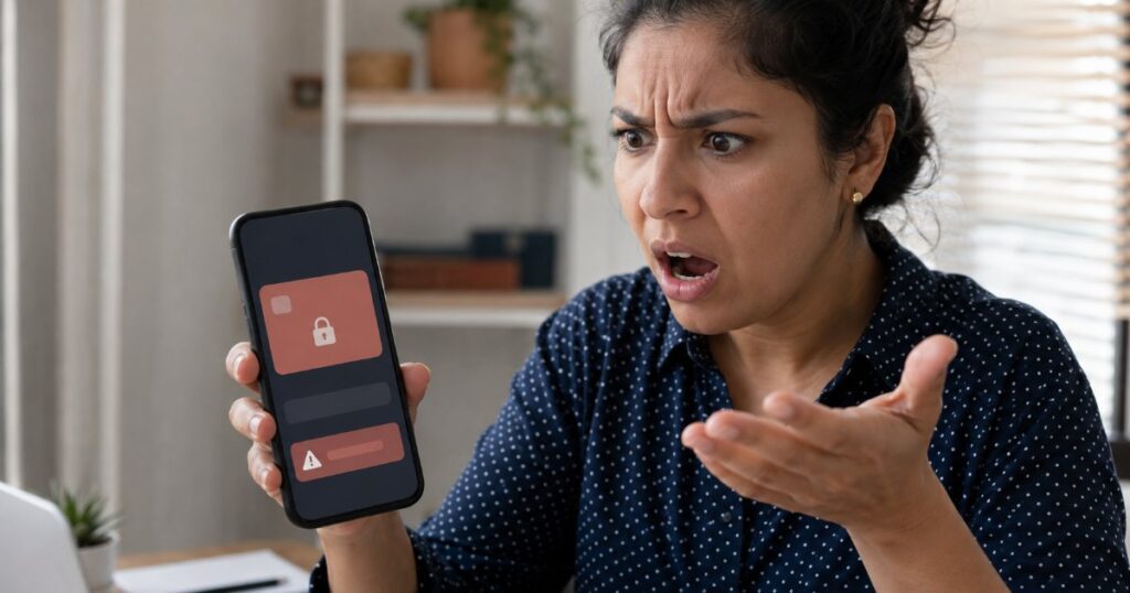 Mulher chocada olhando celular com aviso de cartão bloqueado no aplicativo do banco, cena editorial