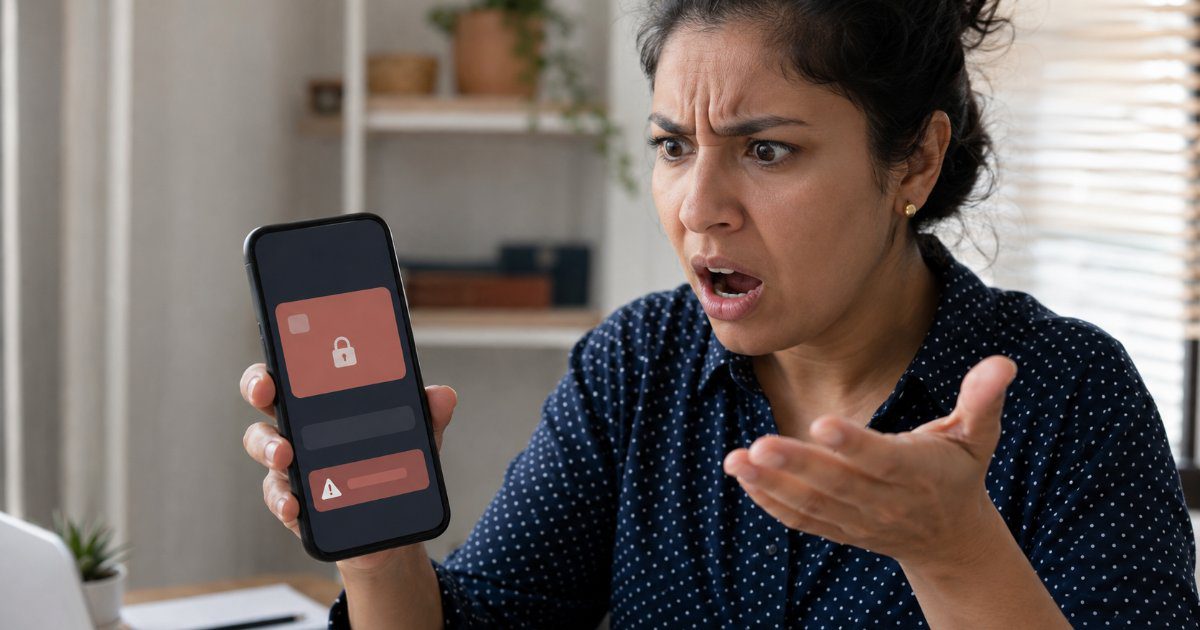 Mulher chocada olhando celular com aviso de cartão bloqueado no aplicativo do banco, cena editorial