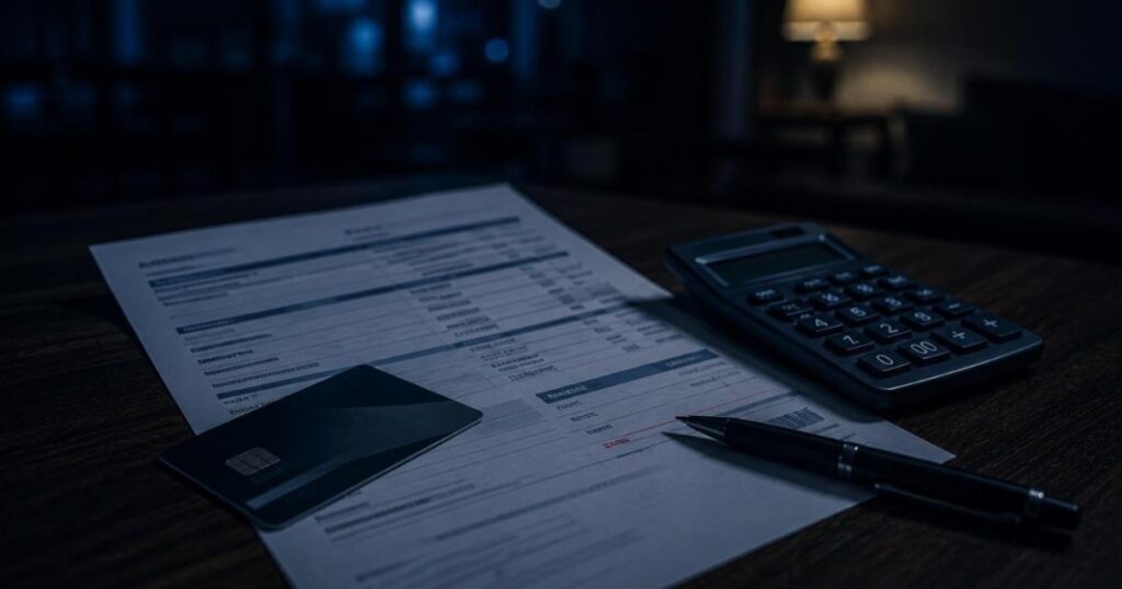 Fatura de cartão de crédito impressa sobre a mesa com cartão e calculadora, em caso de cartão clonado