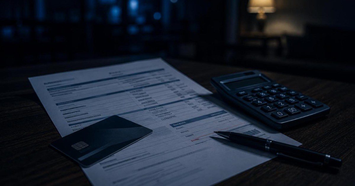 Fatura de cartão de crédito impressa sobre a mesa com cartão e calculadora, em caso de cartão clonado