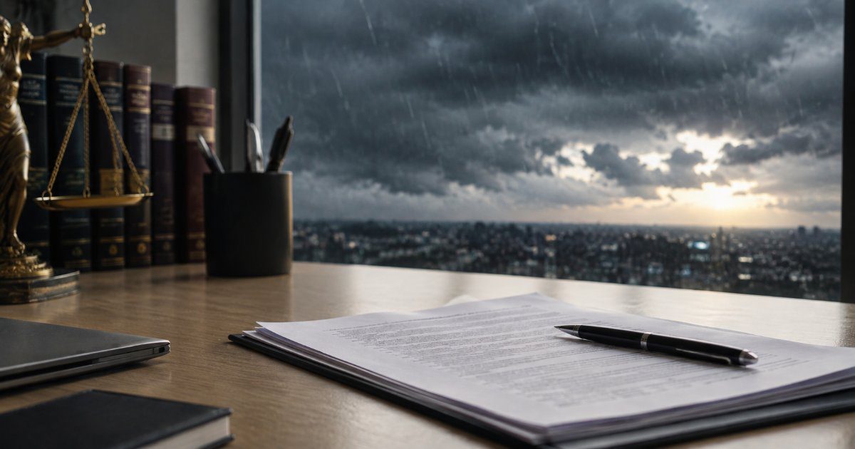 Contrato sobre mesa de escritório com tempestade ao fundo simbolizando força maior