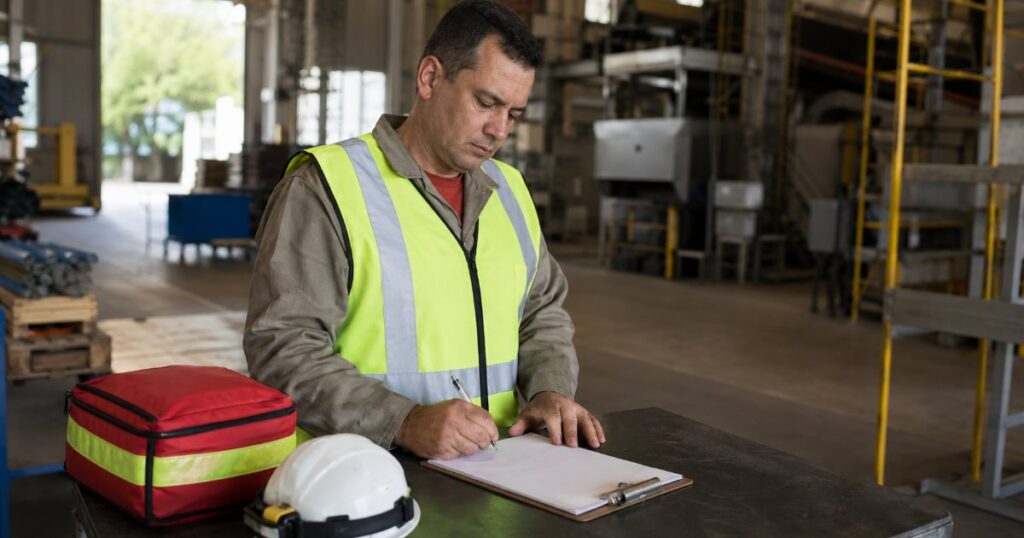 Bombeiro civil preenchendo formulario apos ocorrencia leve em empresa